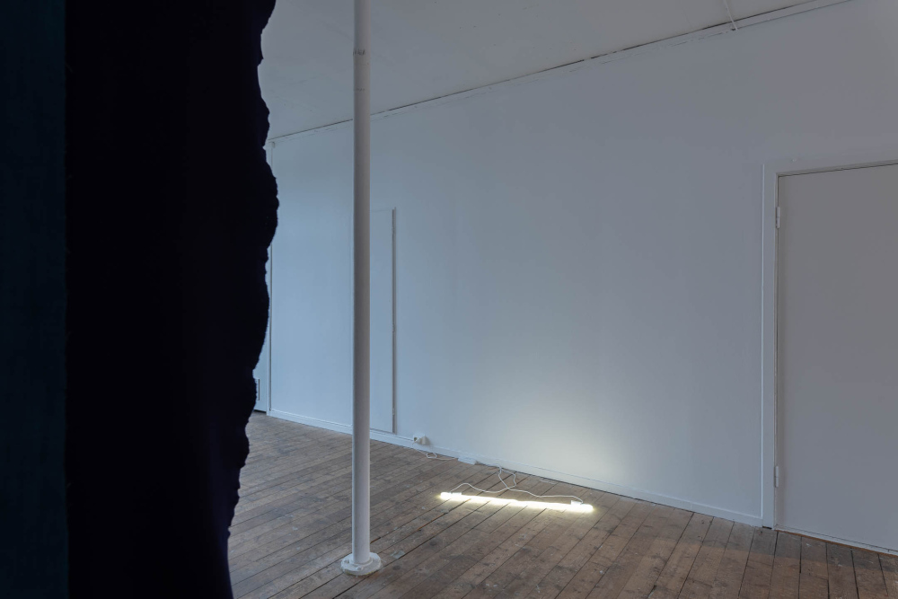 "A very long bed, circadian rhythm", engraved glass, neon lights, transformers, cables 