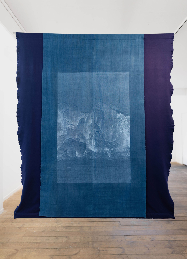 "Blowing soap bubbles into the crystal-clear sky to see them freeze and pop", five hand-dyed and screen printed textiles on steel tubes, indigo, cyanotypes, phycocyanin, acrylic paint